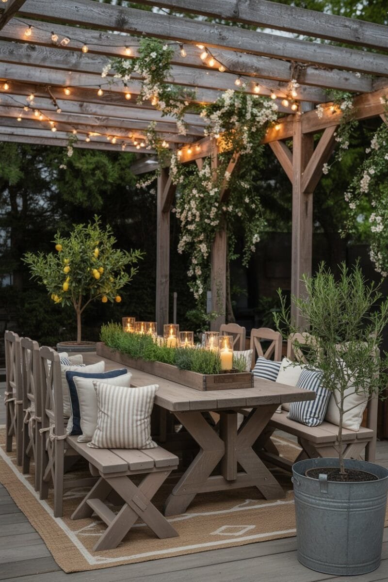 Rustic Farmhouse Pergola With String Lights
A wood pergola and drape it with mini fairy lights and climbing jasmine. Use a chunky farmhouse table, X-back wood chairs, and a slatted bench with ticking-stripe cushions.
Center a long wooden trough with herbs and candles, add galvanized planters with olive or lemon trees, and ground the look with a natural sisal-style rug. It’s perfect for long, cozy dinners.