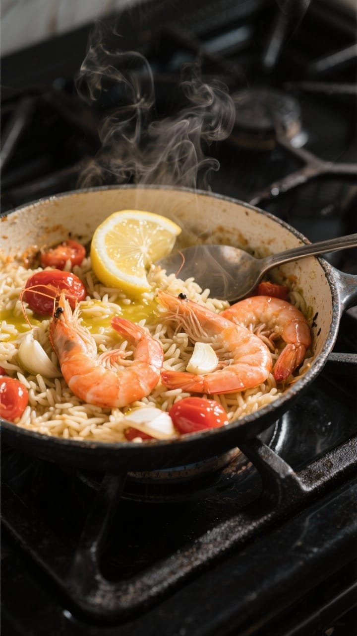 45-degree action shot of cooking: One-pan lemon shrimp orzo skillet on a matte-black stovetop—plump large shrimp just turning pink nestled in tender orzo; burst cherry tomatoes releasing juices, thinly sliced garlic visible, slick of extra-virgin olive oil catching the light; steam curling up, lemon slices tucked into the skillet, and a ladle resting on the rim; rustic enamel skillet, warm highlights, appetizing gloss, Mediterranean mood.