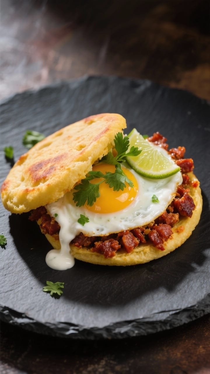 45-degree angle action shot of a spicy chorizo and egg arepa: split golden arepa filled with crumbled chorizo, a freshly cooked egg, and a swoosh of cilantro-lime crema (sour cream/Greek yogurt with lime), extra crema drizzled on top with cilantro leaves; placed on a dark stone plate to pop the colors, vibrant, slightly smoky ambiance.