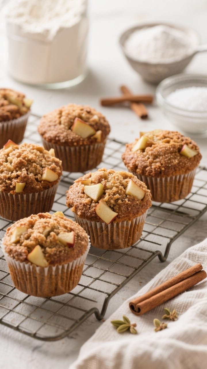 45-degree angle bakery-style apple cinnamon muffins cooling on a wire rack: tall domed tops with a crunchy, crackly cinnamon-sugar finish; crumb speckled with diced apples; ingredients subtly styled in the background—flour, baking powder, baking soda, kosher salt, granulated sugar, ground cinnamon, a pinch of cardamom—and a linen towel; soft morning light for a cozy bakery vibe.
