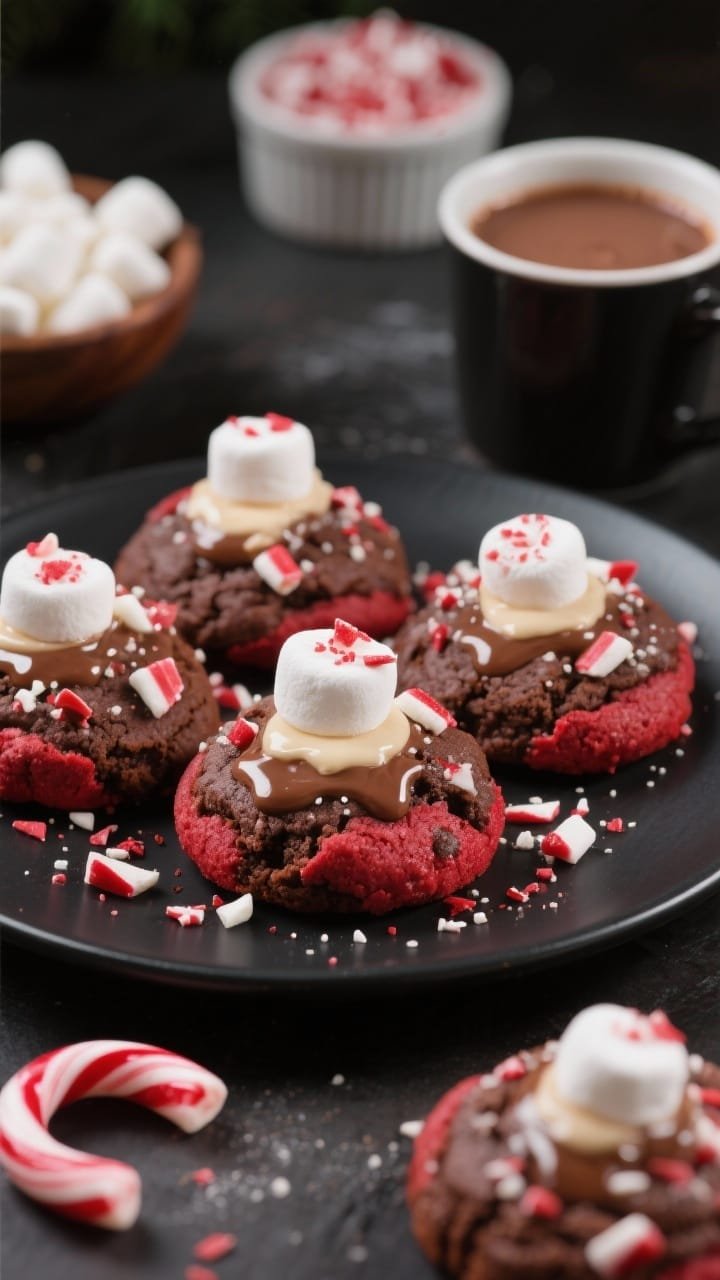 45-degree angle close-up of Candy Cane Hot Cocoa Cookies: devil’s food cookies topped with a gooey, melty mini marshmallow cap and sprinkled with crushed candy cane shards. Arrange on a matte black plate to make the reds and whites pop, with a small mug of hot cocoa blurred in the background, a bowl of mini marshmallows, and a ramekin of crushed candy. Show slight marshmallow pull and glossy butter sheen; warm, cozy holiday mood.