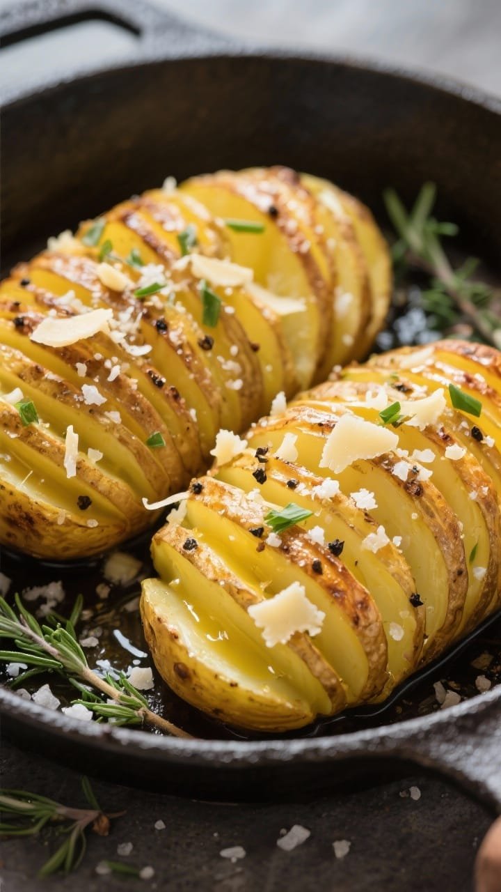 45-degree angle close-up of garlicky Parmesan Hasselback Yukon Gold potatoes on a cast-iron skillet: thin, even slits fanned open, brushed with melted unsalted butter and olive oil, speckled with finely minced garlic, kosher salt, and black pepper, then showered with grated Parmesan and a gloss of herb butter (parsley and chives). Golden, crisp ridges with tender centers, a few thyme sprigs for aromatics, coarse salt flakes visible, shallow depth of field for texture.