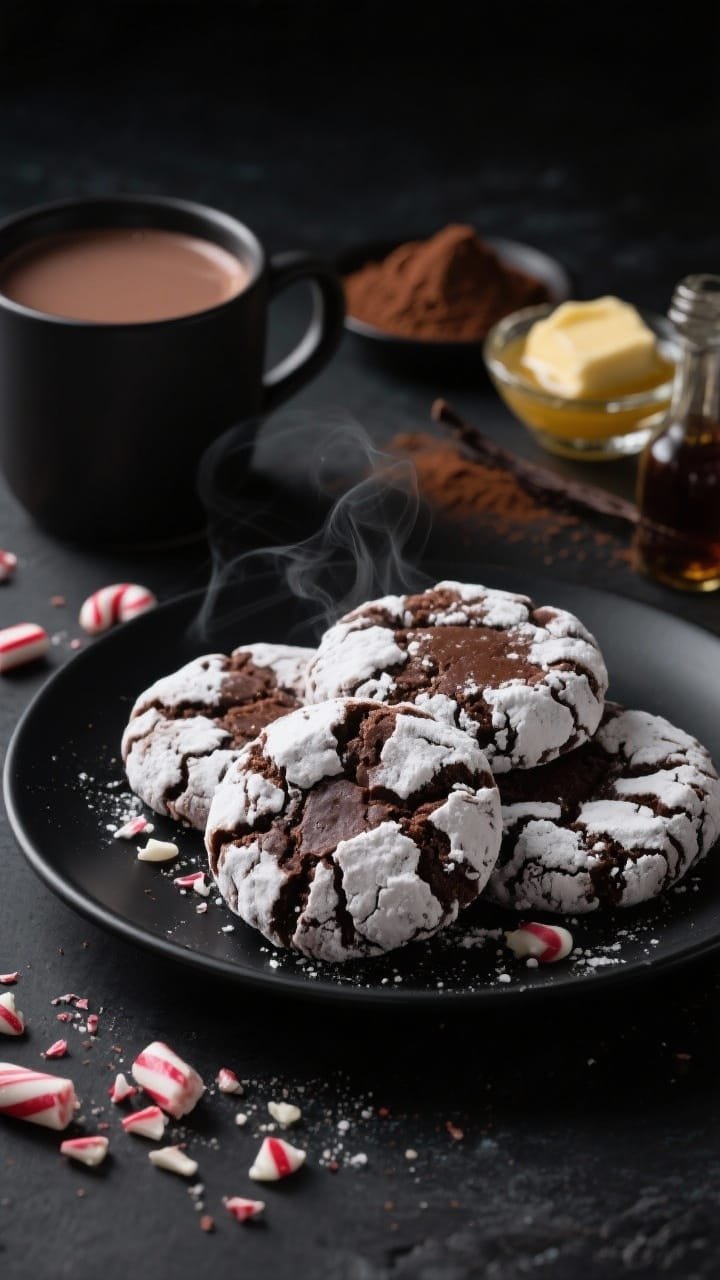 45-degree angle close-up of peppermint hot cocoa crinkle cookies on a matte black plate, deep cocoa color with dramatic powdered sugar crinkles and subtle steam; scattered crushed peppermint candy and a mug of hot cocoa in the background; include ingredients off to the side: unsweetened cocoa powder, melted butter in a glass dish, vanilla extract; moody, high-contrast lighting to emphasize fudgy interiors.