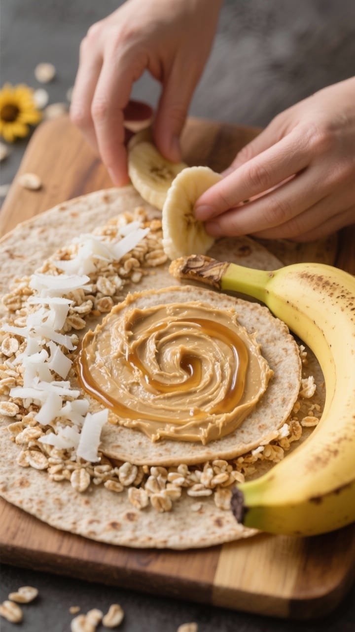 45-degree angle close-up of sunflower butter banana roll-ups being assembled: whole-wheat tortillas spread with unsweetened sunflower seed butter, a thin zigzag of honey or maple syrup, a sprinkle of unsweetened shredded coconut, and a line of crisp rice cereal for crunch; ripe banana placed at the edge ready to roll; a finished sliced pinwheel showing swirls and crispy bits on a wooden board; soft natural light highlighting creamy, crunchy contrasts.