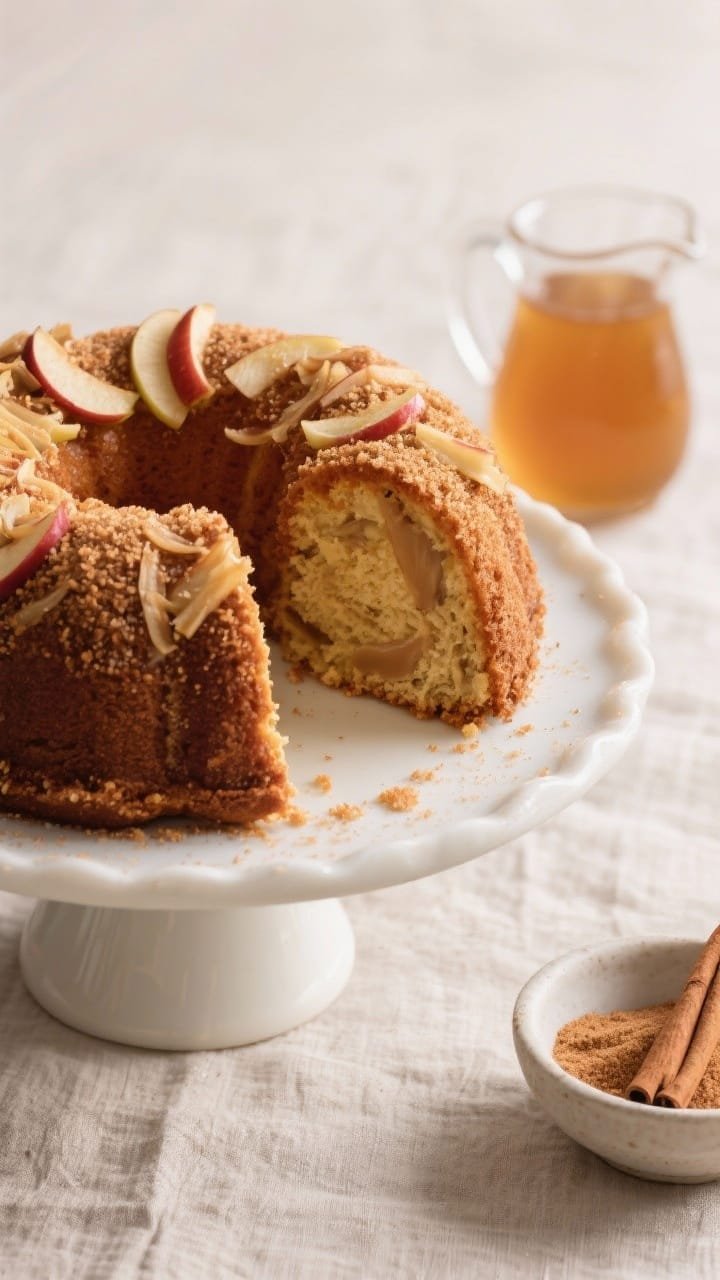 45-degree angle of an apple cider doughnut cake on a pedestal: ring-shaped cake coated in a crunchy cinnamon-sugar layer, fine apple shreds visible in the moist crumb of a sliced piece; a small pitcher of reduced apple cider and a bowl of cinnamon-sugar nearby; minimal, cozy styling with a neutral linen, highlighting the warm spice color palette and sugar sparkle.