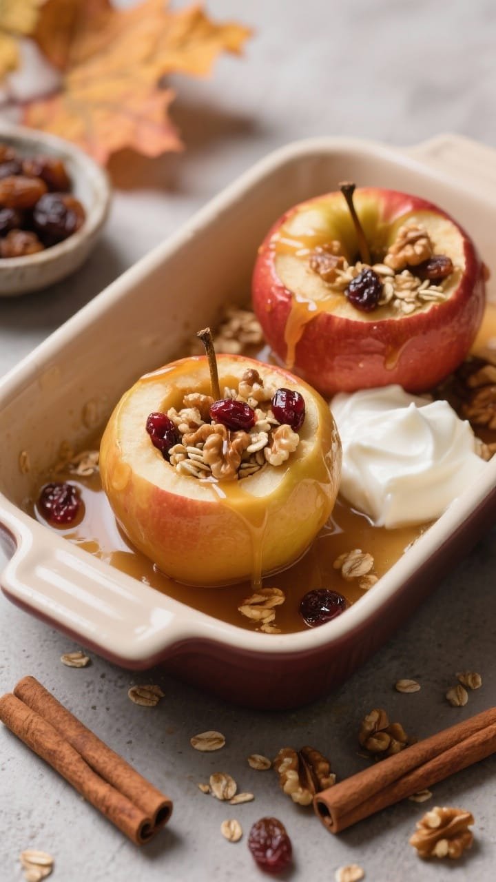 45-degree angle of cozy baked apples in a ceramic baking dish: whole Honeycrisp/Jonagold/Braeburn apples cored and stuffed with oats, chopped walnuts, dried cranberries, light brown sugar, and a hint of cinnamon; honey visibly drizzled over, juices pooling at the bottom; served with a dollop of vanilla Greek yogurt on the side; autumnal props—cinnamon sticks and a small dish of raisins—nearby.