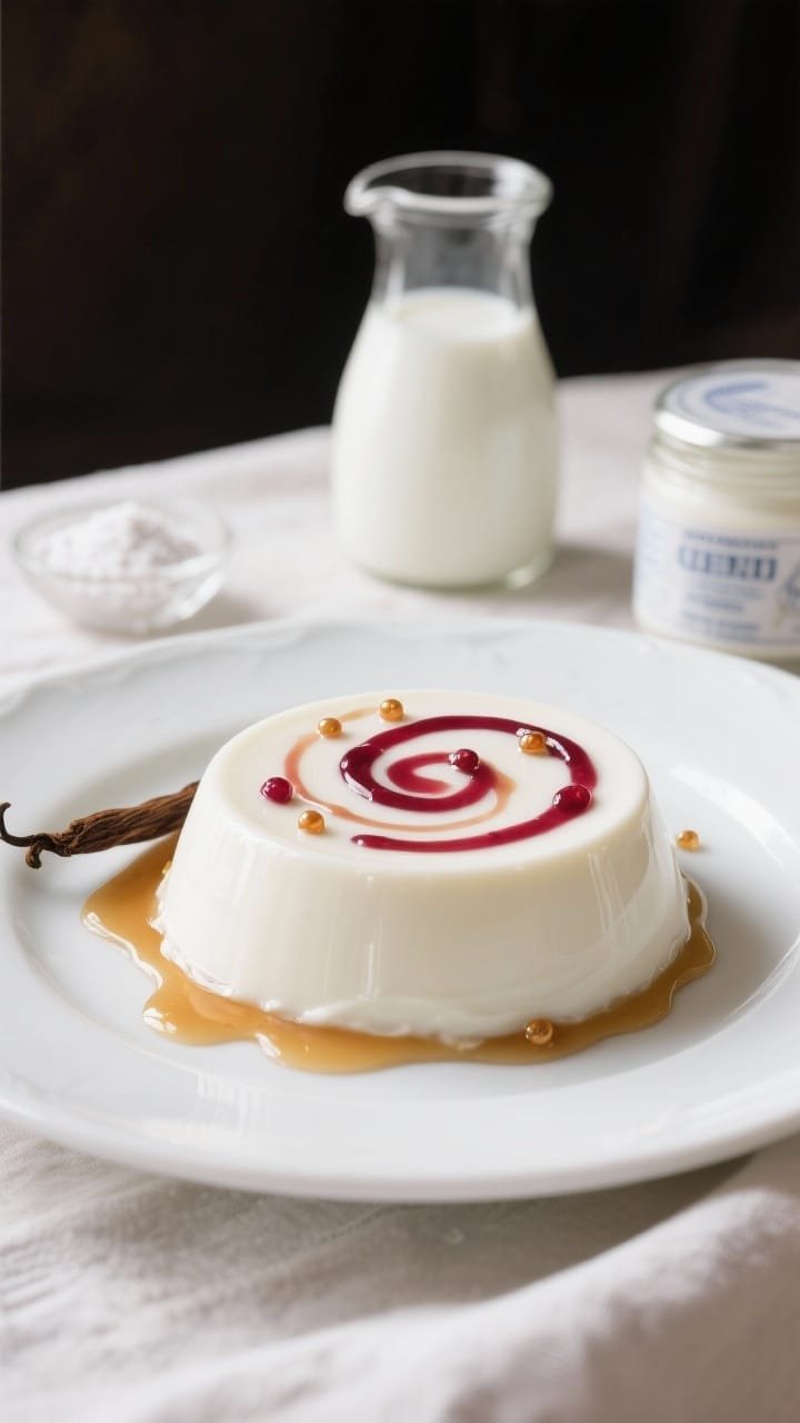 45-degree angle plated presentation of maple yogurt panna cotta set with a glossy jiggle, white and silky, drizzled with a vivid berry swirl ribboning across the top; tiny beads of maple syrup at the rim, vanilla pod and a small pile of powdered gelatin in the background, with a carafe of milk and a jar of Greek yogurt; clean, bright styling on a white ceramic plate over pale linen, gentle natural backlight for a delicate, effortless look.