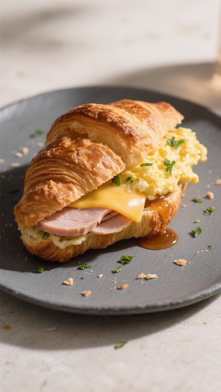 45-degree angle plated shot of a maple-Dijon turkey croissant sandwich: flaky croissant split and filled with herbed soft-scrambled eggs (flecks of parsley/chives), two slices of deli turkey, a ribbon of melted Swiss/Gruyère, and a glossy swipe of maple-Dijon; placed on a matte slate plate, delicate crumbs around, cozy brunch vibe with warm directional light.