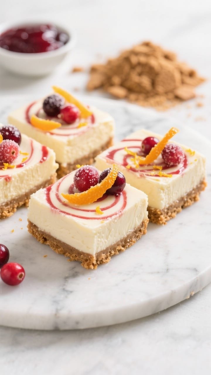 45-degree angle plated shot of Cranberry Orange Cheesecake Bars with a gingersnap crust, neat squares with creamy pale filling swirled with ruby cranberry sauce and fine orange zest; the crunchy gingersnap base clearly defined; garnished with sugared cranberries and thin twists of orange peel; set on a cool marble surface with a small bowl of cranberry compote and a pile of gingersnap crumbs nearby; bright, clean daylight for a festive, fresh feel.