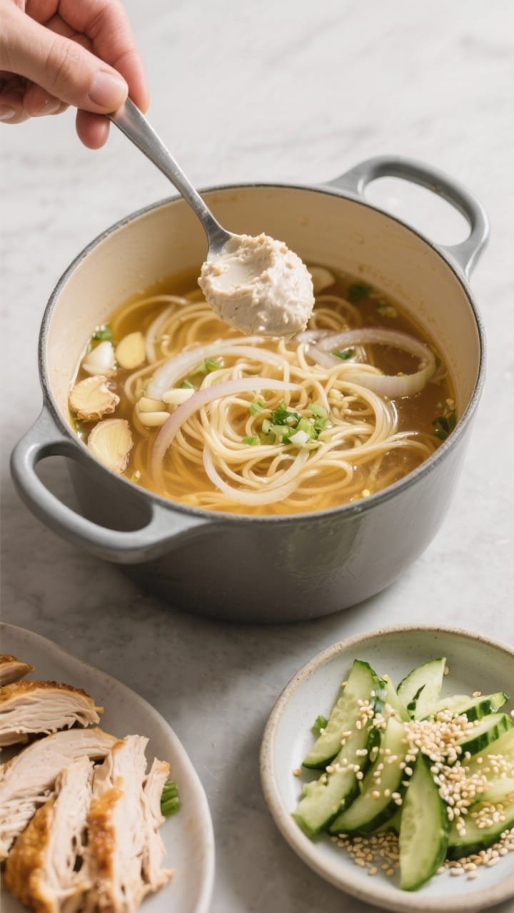 45-degree angle process scene of ginger-miso chicken noodle soup and sesame cucumber crunch: a pot of clear golden low-sodium chicken broth infused with thinly sliced onion, minced garlic, and grated fresh ginger, a spoon dissolving white miso paste into the broth, with shredded rotisserie chicken ready on the side. Beside the pot, a shallow bowl of sesame-dressed cucumber slices for the crunchy side. Clean, modern kitchen surface, neutral tones, focus on texture of miso clouding into the broth and tender chicken strands.