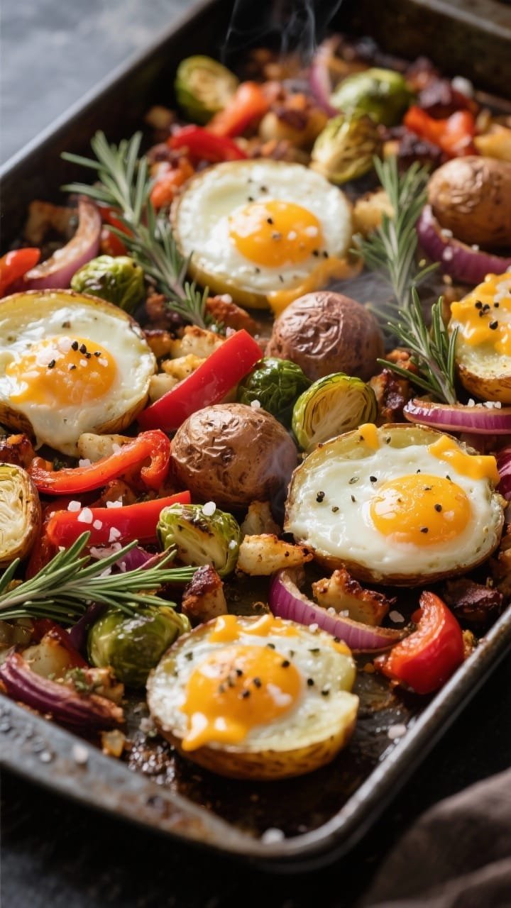 45-degree angle sheet-pan scene of a Savory Breakfast Hash just out of the oven: halved baby potatoes with crackly skins, chopped red bell pepper, thinly sliced red onion, and ribbons of Brussels sprouts roasted until crispy, all tossed with holiday herbs (rosemary, thyme). Nestled wells hold cheesy eggs with set whites and molten cheddar on top. Steam visible, coarse black pepper and sea salt flakes on the veggies, garnished with fresh herb sprigs. Shot on a dark metal pan for rustic contrast.