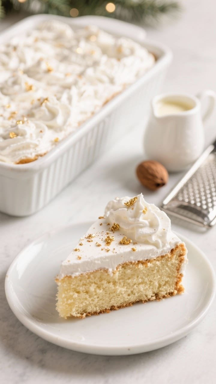 45-degree angle shot of Eggnog Tres Leches Cake in a rectangular baking dish, a slice plated in the foreground showing the soaked, custardy crumb; the top is billowy with nutmeg whipped cream, lightly dusted with freshly grated nutmeg and a few gold sugar sprinkles; a small pitcher of tres leches mixture and whole nutmeg with a microplane nearby; soft holiday ambiance with warm whites and cream tones.
