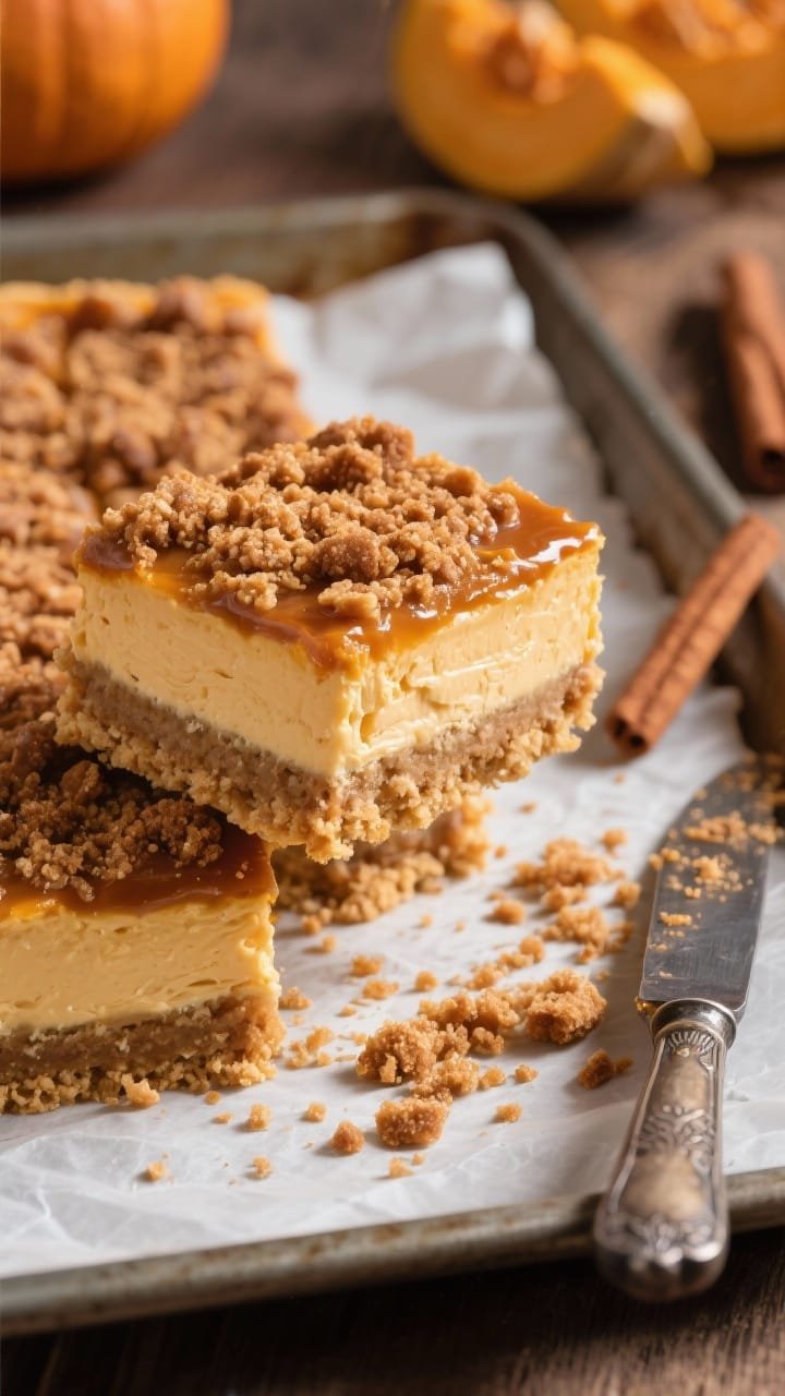 45-degree angle shot of gooey pumpkin cheesecake bars with a thick brown sugar streusel topping. One bar lifted to show layers: buttery crust, creamy pumpkin cheesecake center, and crumbly streusel. Scatter of brown sugar crystals and cinnamon nearby; warm autumn palette with soft shadows. Set on parchment-lined baking tray with a vintage knife and crumbs for texture, highlighting the gooey, custardy center.