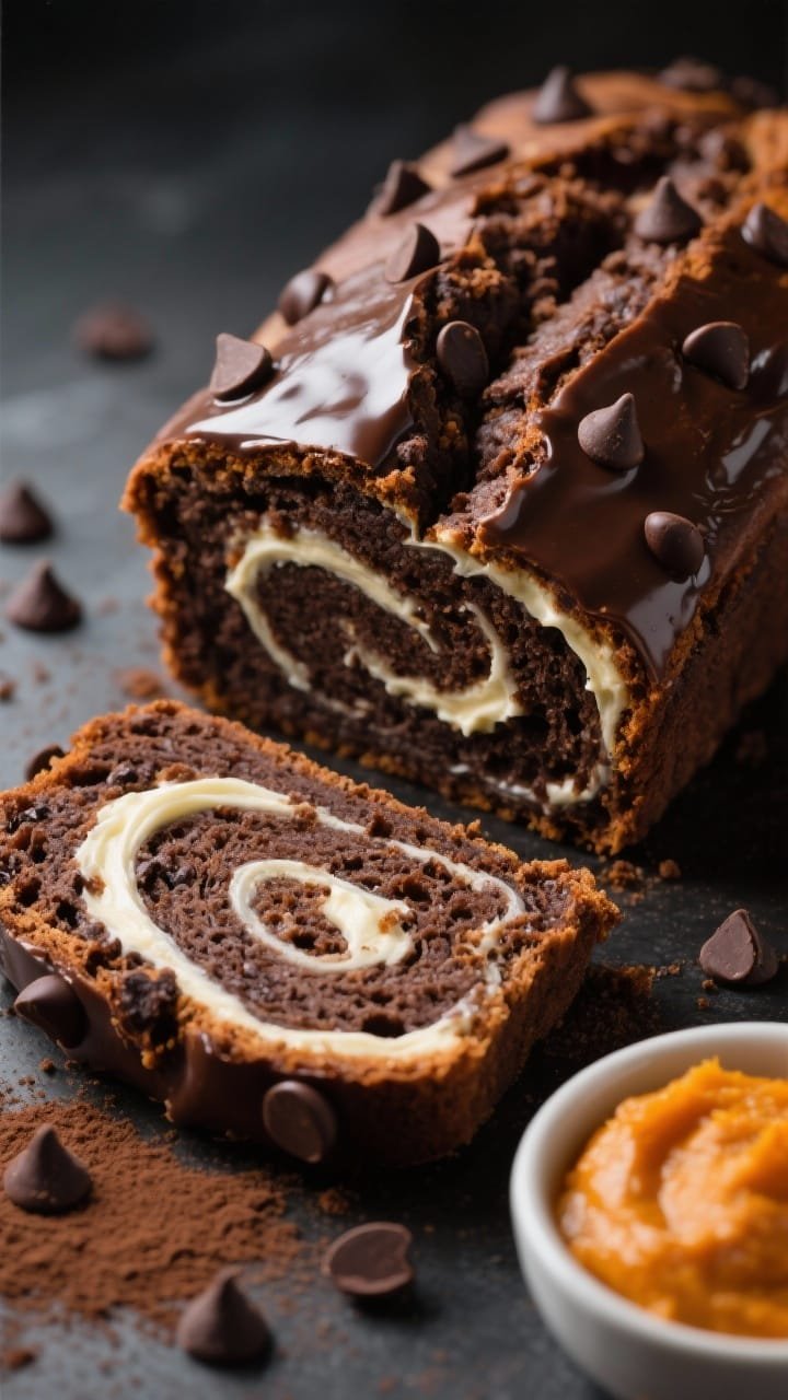 45-degree angle slice shot of double chocolate pumpkin cream cheese bread: dark cocoa crumb studded with chocolate chips, thick ribbon of cream cheese swirl, and a glossy chocolate sheen on top. A few chocolate chips scattered around, cocoa powder dusting, and a small bowl of pumpkin puree off to the side. Emphasize moist, fudgy texture and swirl contrast, moody lighting.