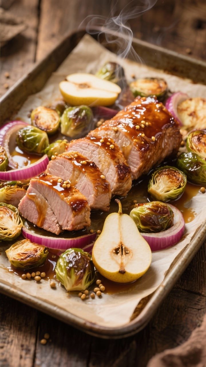 45-degree angle tray-bake scene: maple-mustard glazed pork tenderloins sliced into medallions, nestled among caramelized Brussels sprouts halves, pear wedges with lightly blistered edges, and soft red onion slices; glossy glaze clings to pork and vegetables, hints of olive oil shine; warm, cozy tones on a parchment-lined sheet pan, a few stray mustard seeds and maple drips visible, steam subtly rising, rustic wood background.
