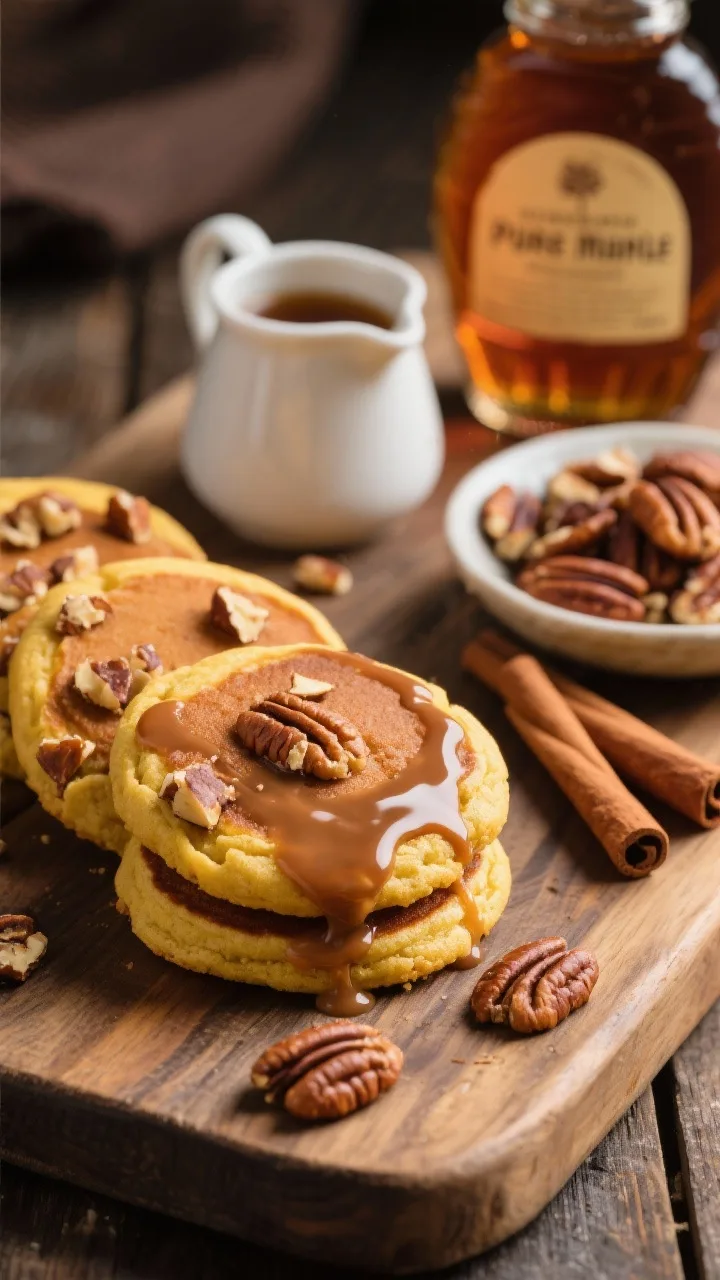 45-degree close-up of Maple Pecan Pancake Cookies drizzled with brown butter glaze: golden-yellow, slightly thick cookies studded with toasted chopped pecans, topped with a glossy, speckled brown-butter-maple glaze. Style on a rustic wooden board with a small pitcher of glaze, a dish of toasted pecans, cinnamon stick, and a bottle labeled pure maple syrup. Warm, amber lighting emphasizing nutty textures and glaze sheen.
