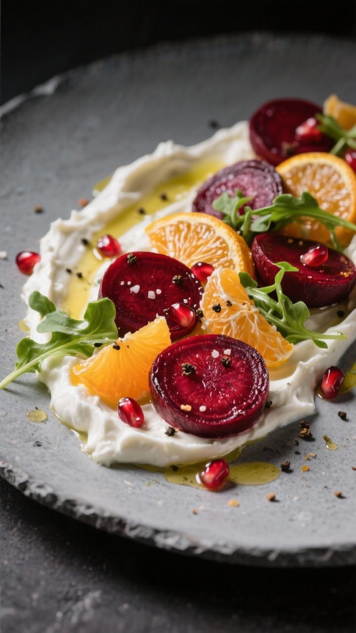 45-degree plated presentation of roasted beets and blood oranges over a swoosh of whipped goat cheese: medallions of red and golden beets glistening with olive oil, sea salt, and black pepper, interlaced with blood orange segments and scattered pomegranate arils. A handful of baby greens for freshness, drizzle of olive oil, and cracked pepper on top. Matte stone plate, dark moody backdrop, high contrast to emphasize reds, golds, and creamy whites.