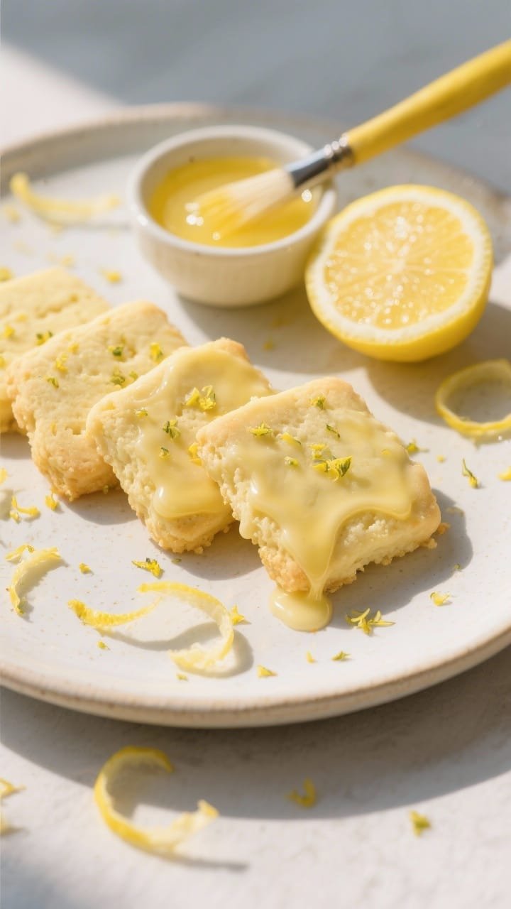 45-degree plated shot of Lemon Burst Shortbread Cookies with lemony glaze: soft yellow cookies with a delicate crumb, flecks of fresh lemon zest, and a thin translucent glaze dripping slightly over the edges. Arrange on a pale ceramic plate with lemon zest curls scattered, a halved lemon, and a small bowl of glaze with a brush. Bright, sunlit vibe emphasizing citrus freshness and buttery texture.