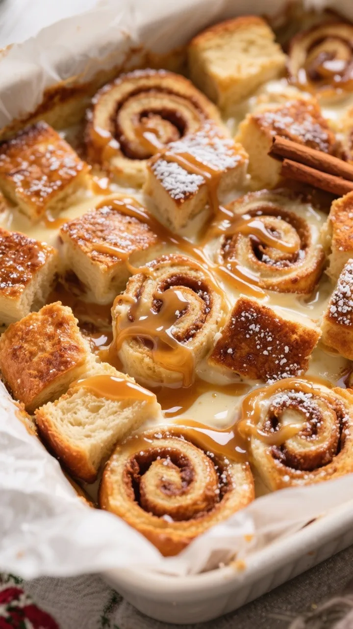 A 45-degree angle close-up of a cinnamon roll French toast bake: cubes of brioche and chopped bakery-style cinnamon rolls swirled with a glossy maple cream cheese ribbon, custard-rich with whole milk and heavy cream, cinnamon spirals peeking through. Serve in a parchment-lined casserole with a drizzle trail of maple syrup and a dusting of powdered sugar, caramelized edges catching the light. Cozy holiday vibe, shallow depth of field.