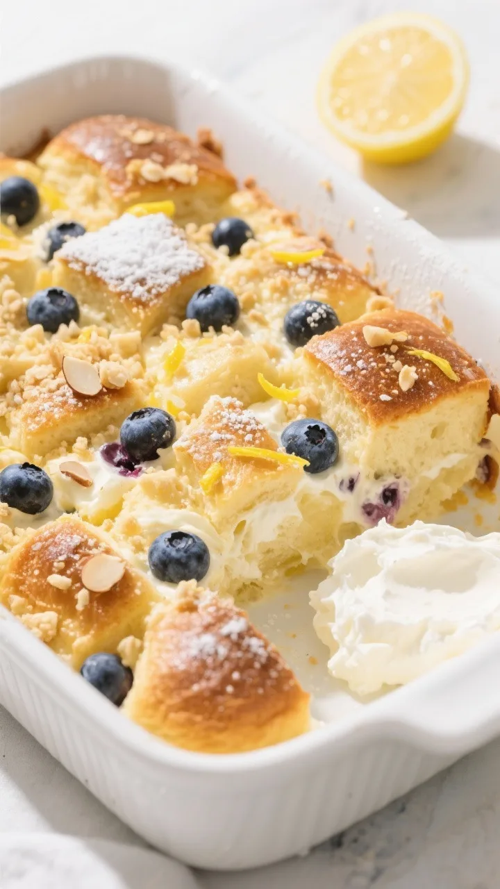 A bright 45-degree shot of blueberry lemon ricotta brioche bake: golden cubes of brioche dotted with bursting blueberries, creamy ricotta custard visible between pieces, lightly puffed with a glossy sheen. Finished with lemon zest, almond streusel crumbles on top, and a light dusting of powdered sugar. Served in a white baking dish with a side dish of extra ricotta and a halved lemon; airy morning light, crisp focus.