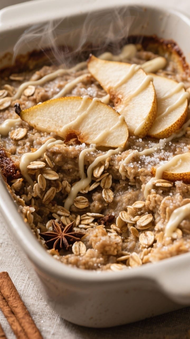 A close-up overhead of gingerbread overnight baked oatmeal: textured mix of rolled and quick oats baked with cinnamon, ginger, clove, and nutmeg, studded with tender pear slices baked on top, edges caramelized. A thin vanilla glaze drizzled in zigzags, with a few extra pear wedges and a sprinkle of sparkling sugar. Warm, cozy tones, steam gently rising, matte ceramic casserole for a homestyle feel.