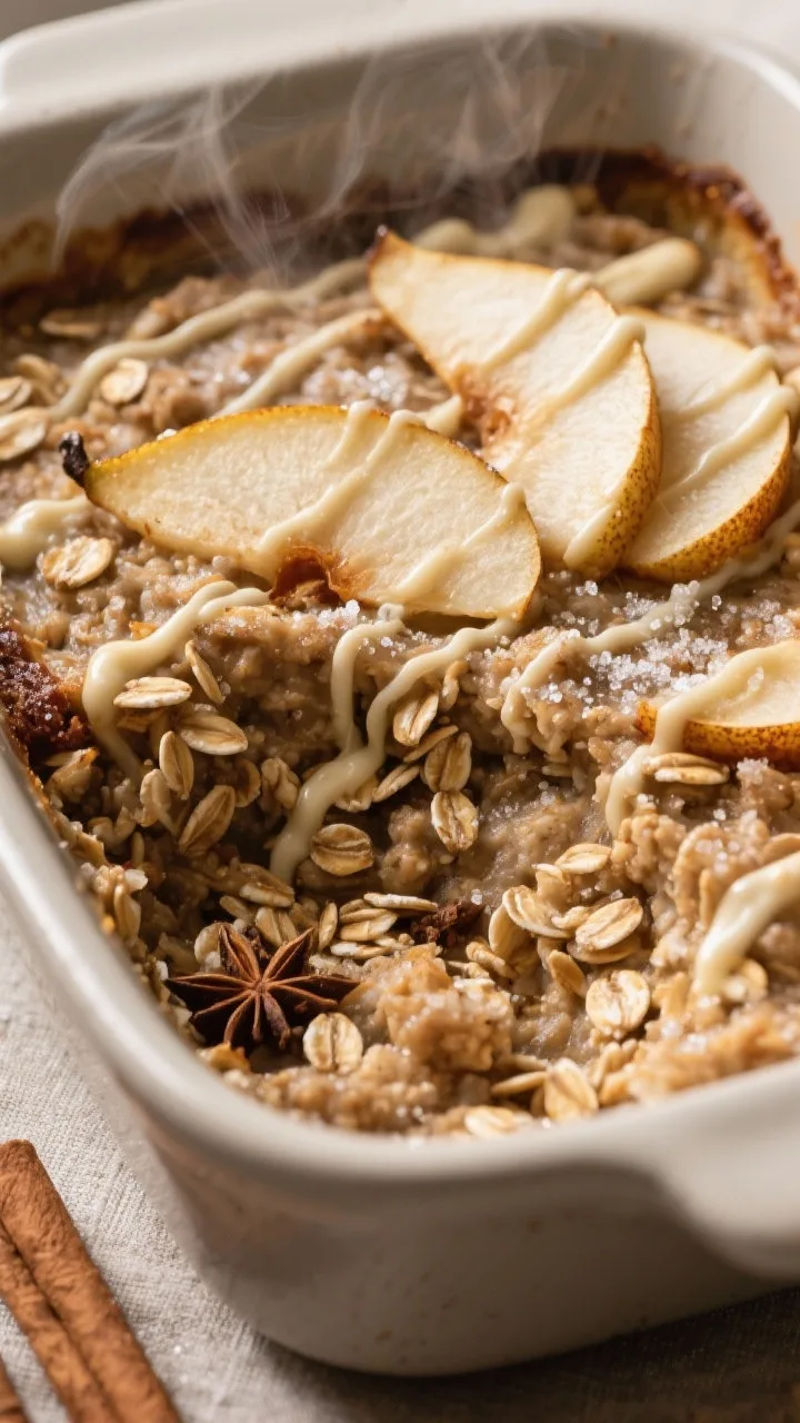 A close-up overhead of gingerbread overnight baked oatmeal: textured mix of rolled and quick oats baked with cinnamon, ginger, clove, and nutmeg, studded with tender pear slices baked on top, edges caramelized. A thin vanilla glaze drizzled in zigzags, with a few extra pear wedges and a sprinkle of sparkling sugar. Warm, cozy tones, steam gently rising, matte ceramic casserole for a homestyle feel.