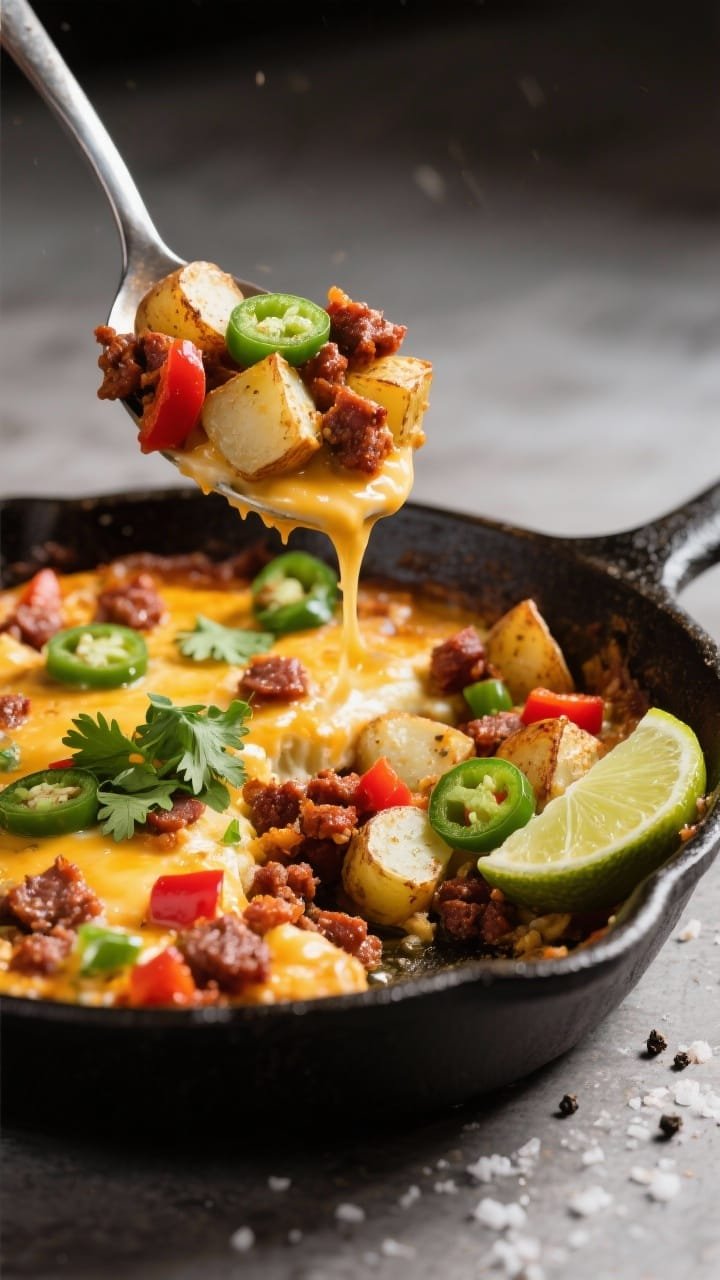 A dynamic 45-degree action shot of a Southwest chorizo, potato, and pepper jack breakfast casserole being spooned from the pan: diced baby potatoes roasted with olive oil, visible red bell pepper and green jalapeño pieces, crumbled spicy Mexican chorizo, and oozy melted pepper Jack stretching. Garnish with chopped cilantro and a lime wedge on the side; specks of black pepper and kosher salt on the surface. Bold colors, rustic cast-iron skillet, directional light.