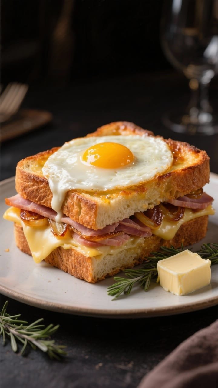 A straight-on glamour shot of a croque madame casserole: layers of thick-sliced baguette or country bread with folded ham, Swiss cheese, and deeply golden caramelized onions, topped with a glossy béchamel and broiled until blistered and bubbly. Individual square served on a plate with a runny-yolk fried egg on top, butter sheen visible. A small pat of butter and thyme sprigs nearby, moody bistro lighting.
