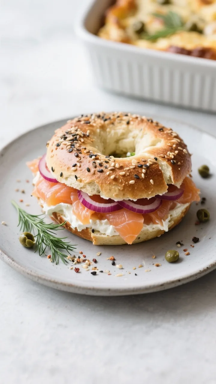 A straight-on plated presentation of an everything bagel, lox, and cream cheese strata slice: visible layers of torn everything bagel pieces, pockets of creamy cream cheese, and rosy chopped cold-smoked salmon, studded with thin slivers of red onion and showers of everything seasoning. Garnish with capers and fresh dill on a matte stoneware plate; background includes the remaining strata in a baking dish. Clean Nordic styling, crisp natural light.