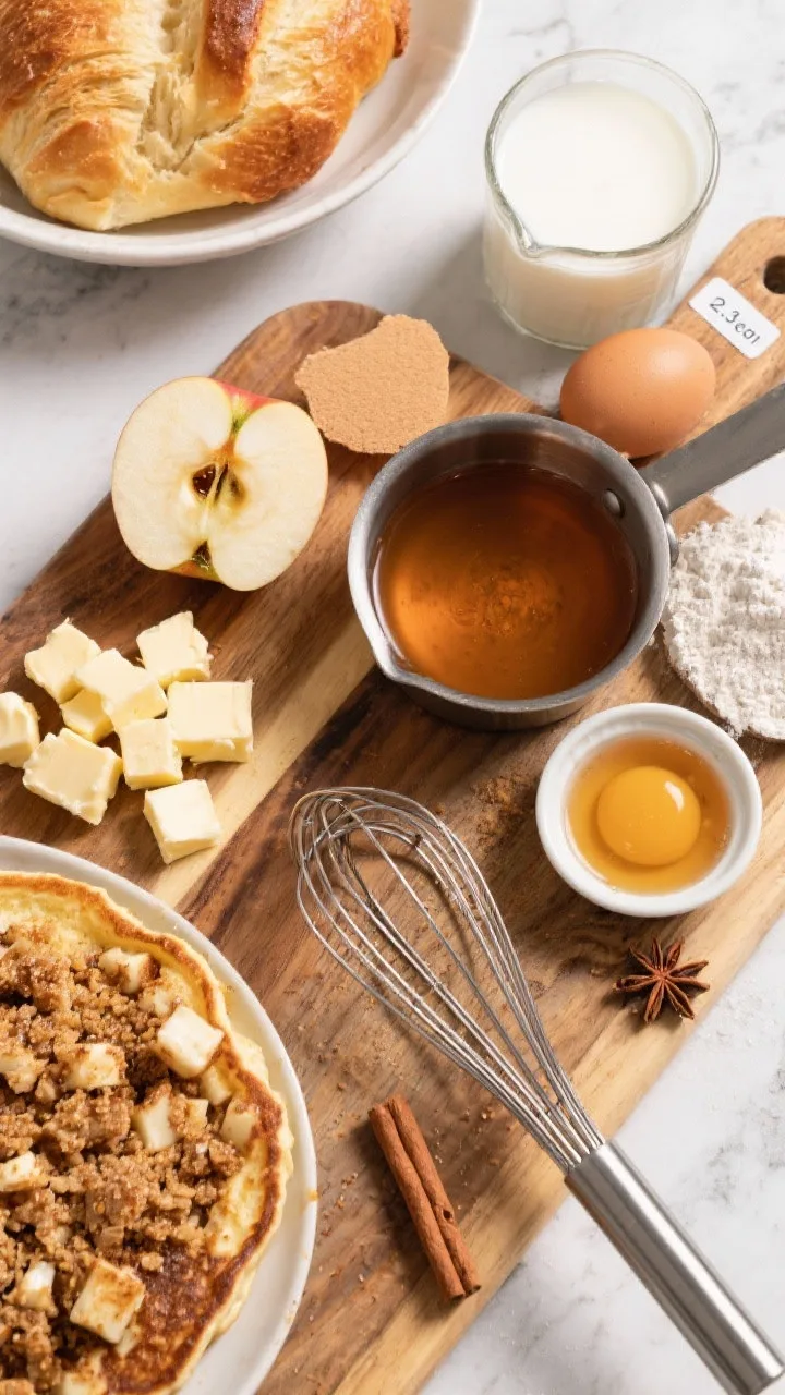 An overhead ingredient-prep flat lay for apple cider pancake bake with brown sugar crumble: cubed challah, a peeled and diced Honeycrisp apple, a small saucepan with apple cider reduced to syrupy 2/3 cup, eggs, whole milk, brown sugar, flour, cold butter cubes for the crumble, and warm spices arranged neatly on a wooden board. Include a mixing bowl with whisk and a labeled ramekin of the reduced cider. Bright, instructional mood.