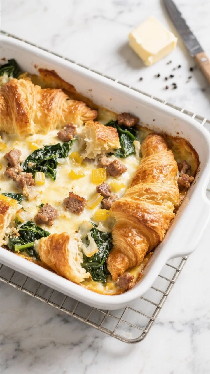An overhead shot of a savory croissant breakfast bake just out of the oven: golden torn croissant chunks tucked around crumbled breakfast sausage, wilted spinach, and melted Gruyère, flecks of finely chopped yellow onion visible, custard set and edges crisp. Styled in a white enamel baking dish on a marble surface with a cooling rack, a small pat of unsalted butter and a knife nearby, and a sprinkle of fresh black pepper for texture. Warm morning light, high contrast, no people.