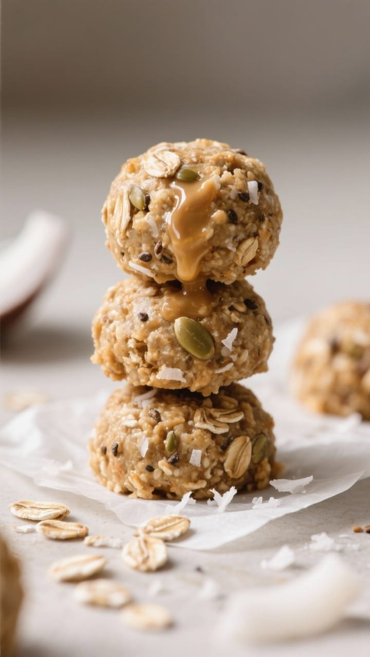 Close-up final presentation of no-bake oatmeal cookie bites: round, school-safe bites made from quick oats, sunflower seed butter, honey or maple syrup, unsweetened shredded coconut, and flecks of ground flaxseed or chia seeds; stacked on parchment with a few loose oats and coconut shreds scattered; soft side lighting to accentuate chewy texture and glossy binding; neutral backdrop for a clean, wholesome snack vibe.