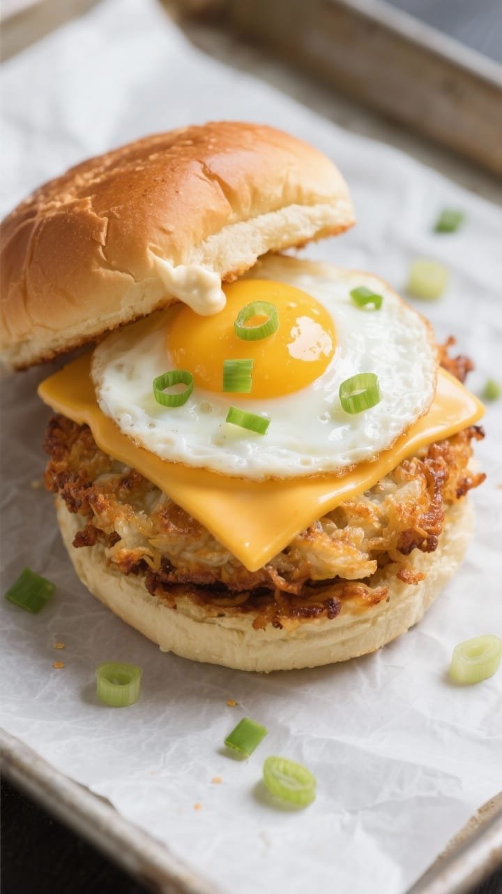 Close-up handheld-sized composition of a cheesy hash brown egg slider: two crispy mini hash brown patties as the “bun,” gooey American/cheddar slice melting over a soft fried egg, confetti of sliced green onion on top, glossy dot of mayo/burger sauce peeking out; shot on a parchment-lined tray with a few extra scallions scattered, crunchy textures emphasized.