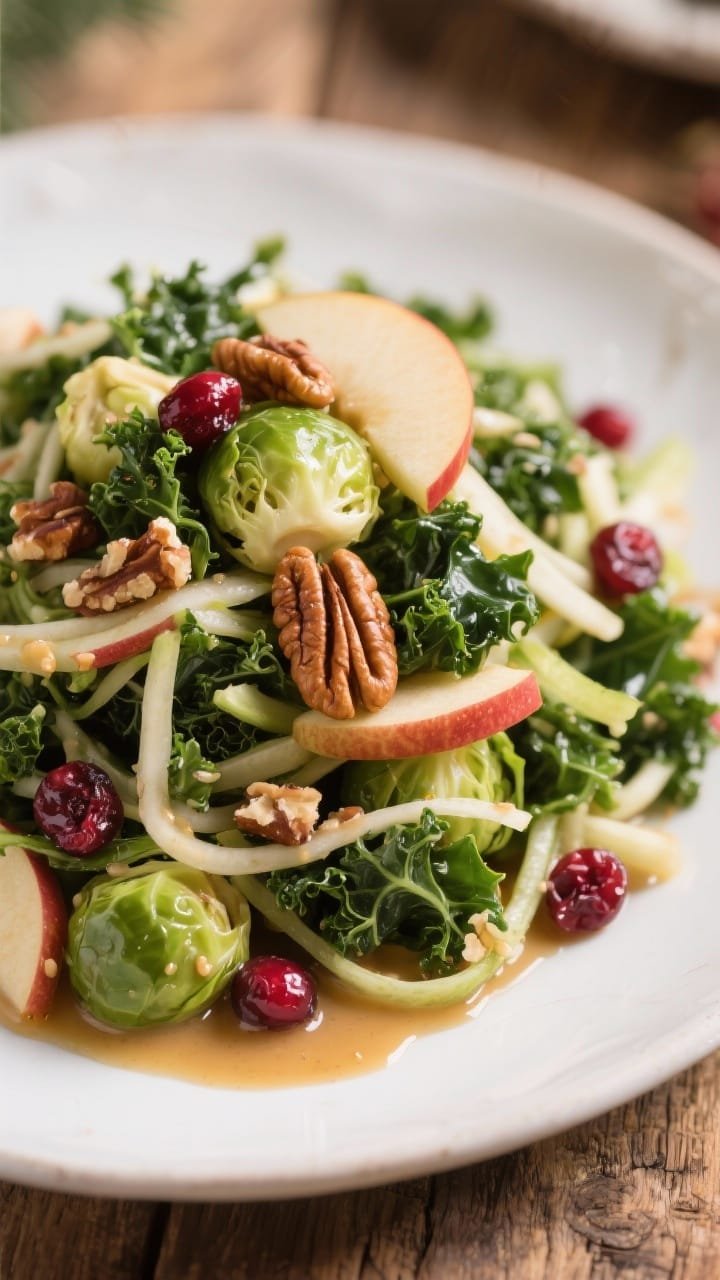 Close-up macro of a crunchy Brussels sprout and lacinato kale slaw mound: ultra-thin ribbons of sprouts and kale with matchstick Honeycrisp apple, dried cranberries, and chopped toasted pecans, all lightly glossed in a maple-mustard dressing. Visible texture of crinkled kale, jeweled cranberries, and nutty crunch, with a tiny pool of dressing on the plate edge. Bright daylight, shallow depth of field, rustic wood surface for a cozy holiday feel.