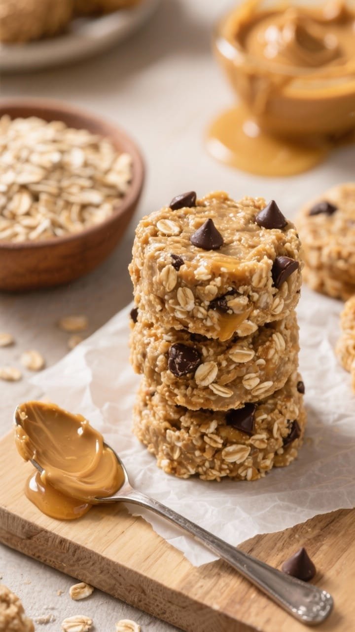 Close-up macro shot of no-bake peanut butter oat bites stacked on a parchment-lined board, showing the chewy oat texture with glistening honey and studded dark chocolate chips; a small bowl of old-fashioned rolled oats, a spoonful of natural peanut butter, and a drizzle trail of honey in the background blur; warm, cozy tones with directional light highlighting the sticky sheen and rustic crumb.