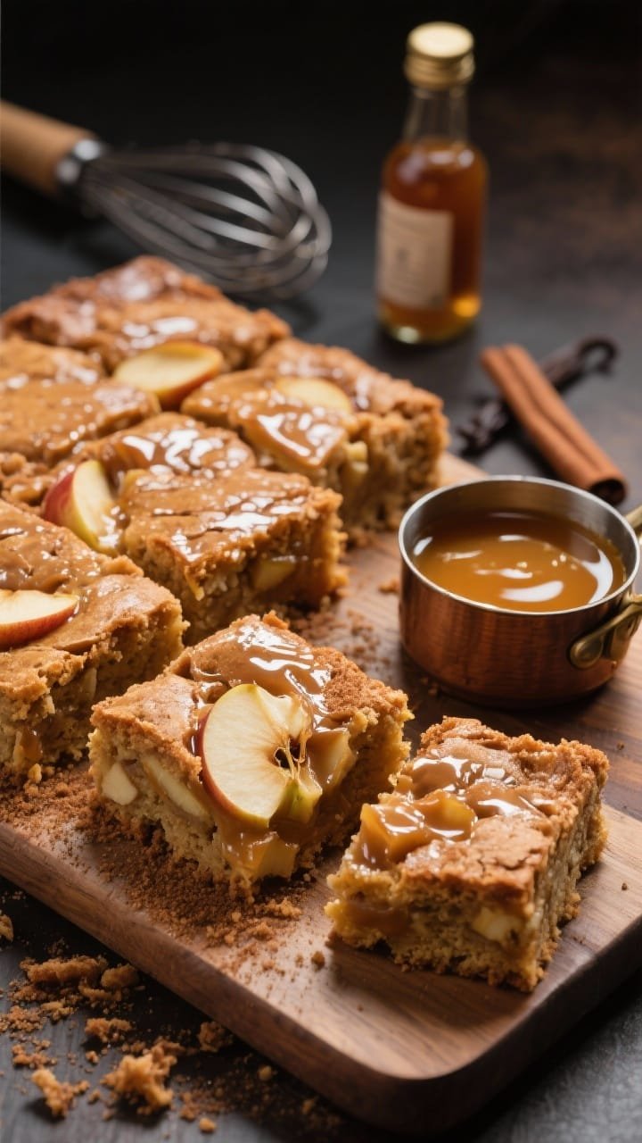 Close-up of brown butter apple blondies cut into squares: glossy crackled cinnamon-sugar top, gooey centers with visible apple pieces; a small saucepan of browned butter with toasty milk solids in the background, along with vanilla extract bottle and a whisk; crumbs on the cutting board, one blondie slightly tilted to showcase chewy interior; warm, moody side light emphasizing caramel notes.