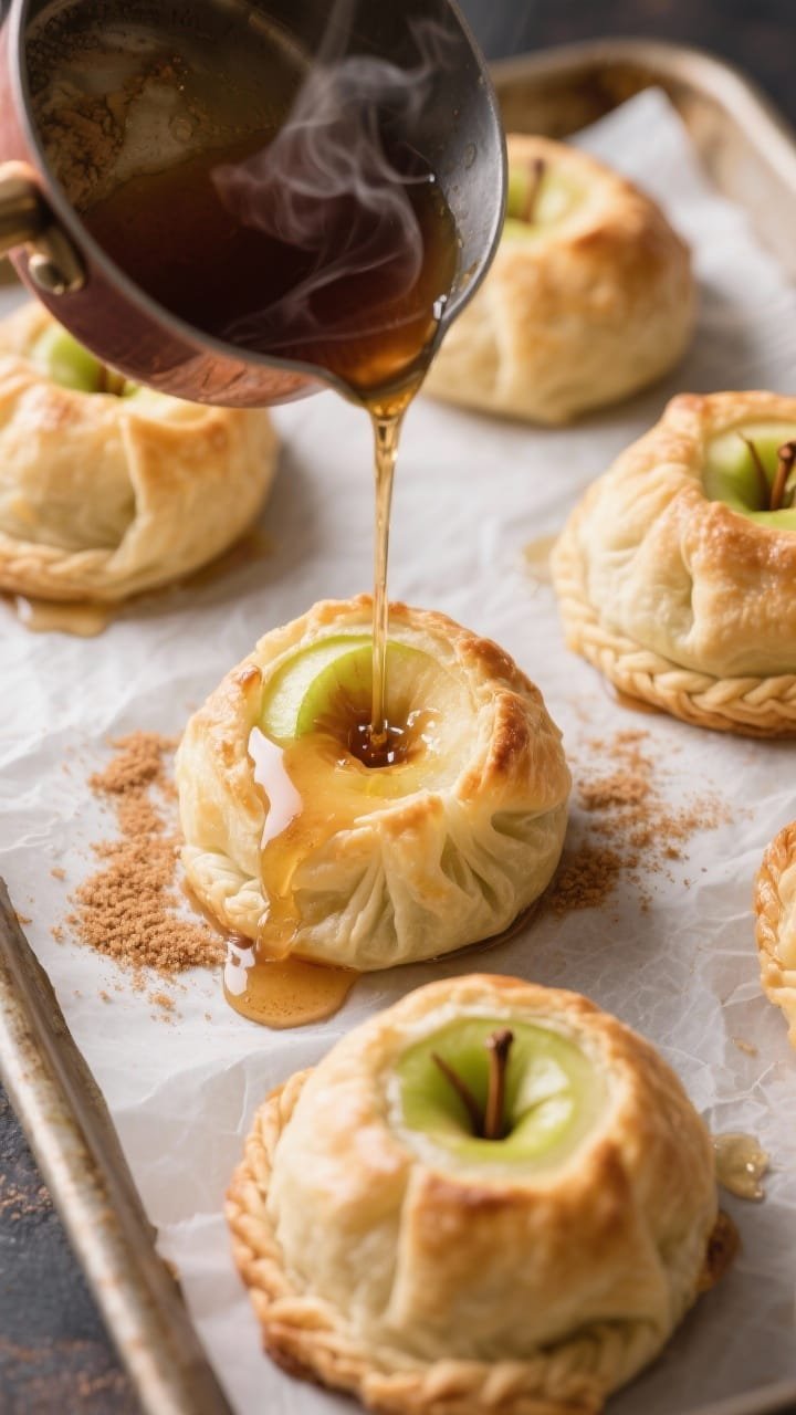 Close-up of flaky apple dumplings on a parchment-lined sheet pan: individual puff pastry-wrapped apples (peeled and cored Granny Smith), seams neatly crimped, brushed with butter and sprinkled with light brown sugar and cinnamon; a small saucepan pouring glossy brown butter cider sauce over one dumpling, steam rising; warm, rich tones emphasizing crisp layers.