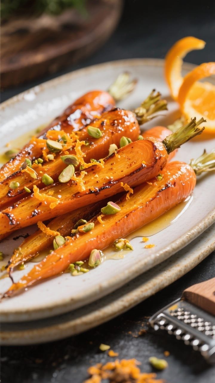 Close-up of Honey-Roasted Carrots on a ceramic platter at a 45-degree angle: carrots cut on a bias with blistered edges, lacquered in honey and harissa, flecked with orange zest and crushed pistachios; micro drips of honey and a faint sheen of olive oil; a zester with curls of orange nearby; bright, high-contrast lighting to emphasize glaze and color pop.