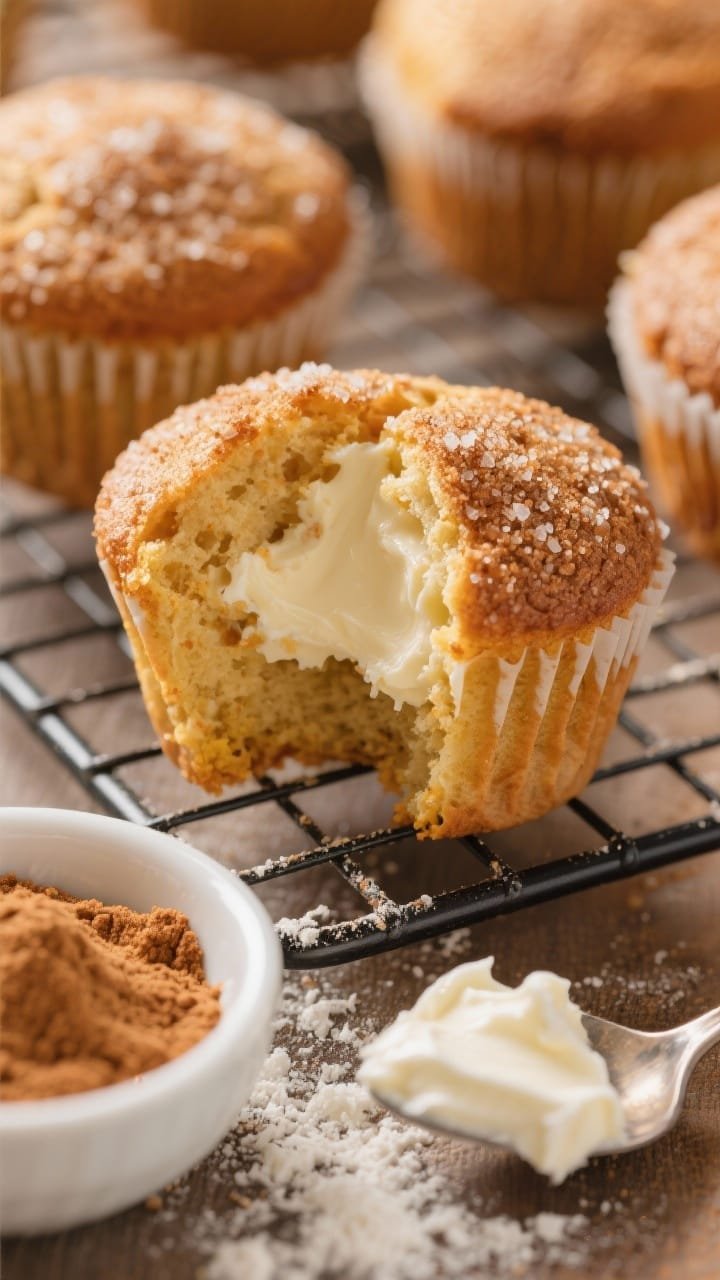 Close-up of pumpkin cream cheese muffins split open to reveal a creamy center, topped with a crunchy cinnamon sugar cap. Granulated sugar sparkle visible on the domed tops, fine crackle texture emphasized. Cooling rack scene with a small bowl of cinnamon sugar, a dusting of flour, and a spoon with cream cheese smears; warm, cozy morning light.