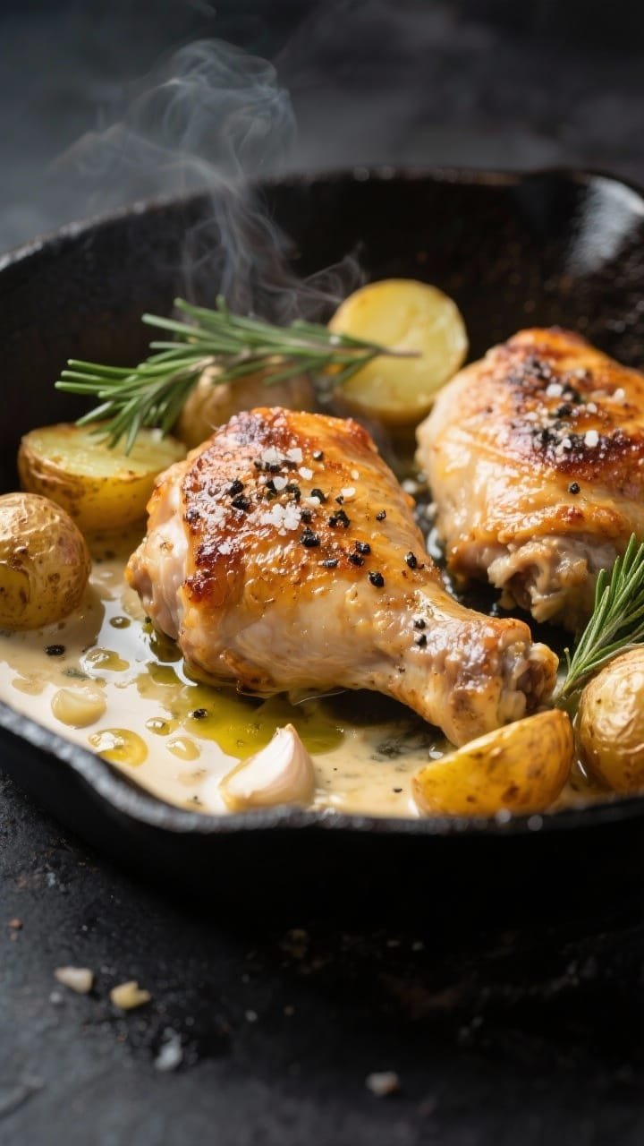 Close-up skillet action shot: crispy-skinned chicken thighs sizzling in a cast-iron pan, speckled with kosher salt and black pepper; rosemary-studded baby potatoes (halved) tucked around the chicken; shimmering mix of olive oil and melted butter pooling at the edges; creamy garlic sauce beginning to emulsify at the bottom with visible garlic bits; tight framing to capture textures of blistered skin and golden potatoes, gentle steam, dark slate backdrop.