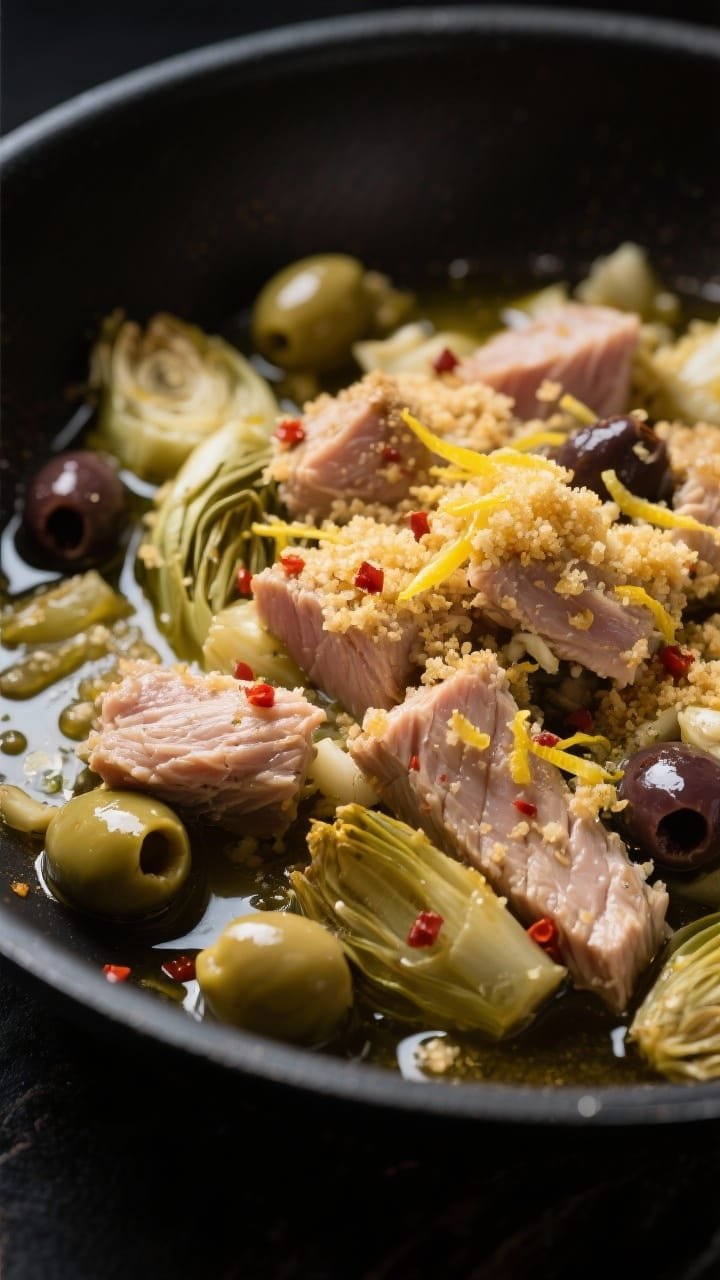 Close-up skillet finish: A 15-minute tuna, artichoke, and olive skillet captured tight in-frame—flaky chunks of tuna mingled with tender artichoke pieces and briny olives, all glossed with extra-virgin olive oil; golden lemony breadcrumbs (panko) scattered on top with visible lemon zest and red pepper flakes; tiny flecks of minced garlic in the oil; high-contrast lighting to highlight crunch and sheen, dark background for drama, no human elements.