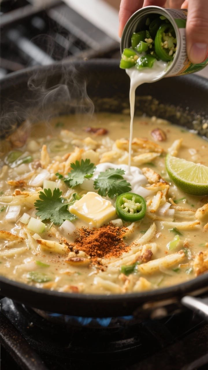 Close-up stovetop action shot of a 30-minute creamy green chile hashbrown potato soup in a wide sauté pan. Butter glistening, minced onion and garlic sautéing with ground cumin and chili powder, then shredded hashbrowns melding into a silky base with vegetable or chicken broth. A small stream of diced mild green chiles from a 4-oz can being stirred in; specks of spices visible. Finish with a swirl of cream or crema and fresh cilantro leaves, lime wedge off to the side. Warm Southwestern color palette, shallow depth of field, gentle steam.