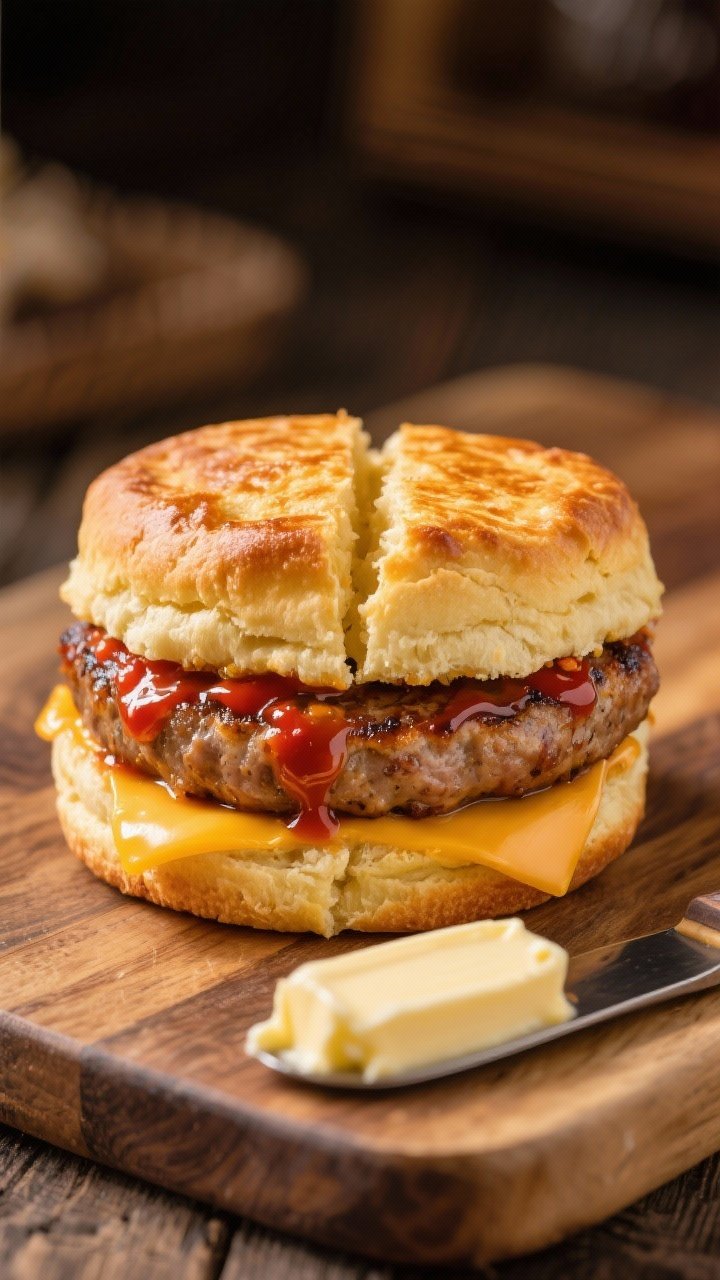 Close-up straight-on shot of a sausage biscuit sandwich: golden split biscuit with buttery toast marks, sizzling breakfast sausage patty lacquered with a sriracha-honey glaze, pepper jack cheese melting down the sides, a small butter knife with softened butter in frame; shot on a rustic wooden board, warm tones, sticky-sweet glaze catching the light.