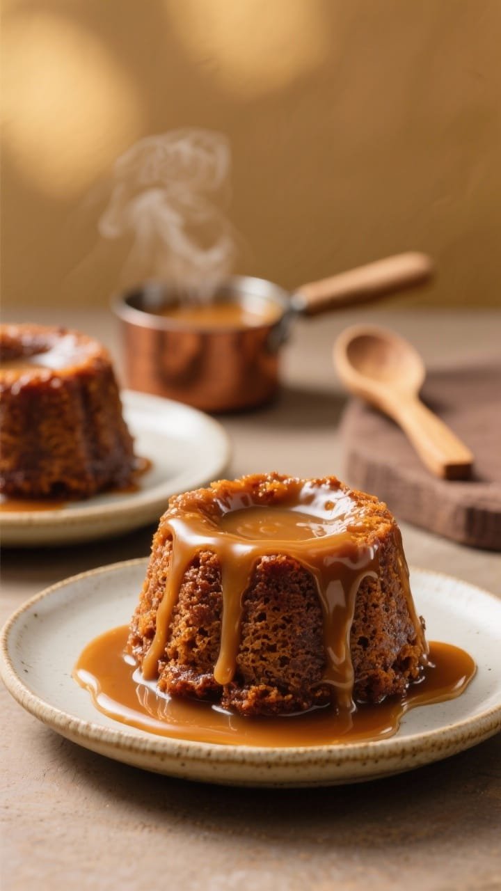 Close-up, straight-on shot of individual Sticky Toffee Pudding cups just unmolded onto small ceramic plates, drenched in warm toffee sauce that cascades down the sides, a glossy pool forming around the base; the sponge texture looks deeply caramelized and moist; a small saucepan of bubbling toffee sauce and a wooden spoon in the background; soft, golden lighting with gentle steam to convey warmth and indulgence.