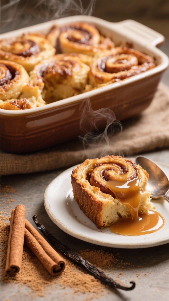 Cozy 45-degree angle shot of Cinnamon Roll Bread Pudding in a ceramic baking dish, visible swirls and crisped edges; a generous pour of warm vanilla bourbon sauce cascading over a spooned portion on a small plate; cinnamon sticks and a vanilla pod nearby, with a light dusting of cinnamon sugar; warm, inviting lighting with gentle steam for a just-out-of-the-oven feel.