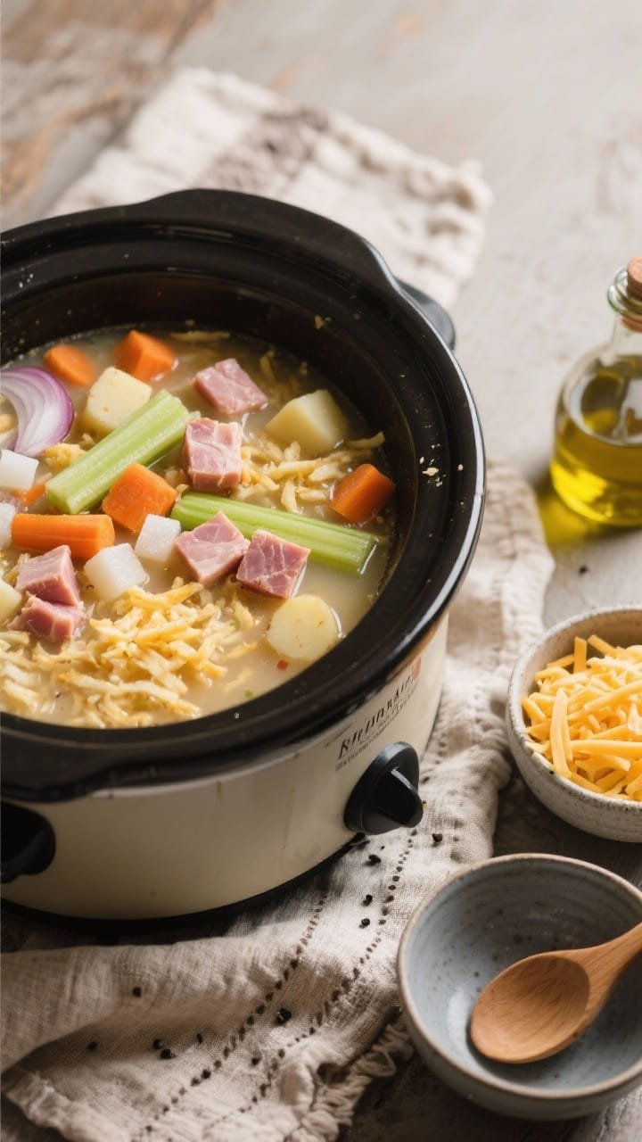Cozy crockpot scene, 45-degree angle, showing a slow-cooker rustic hashbrown potato soup with ham and cheese mid-simmer. Ingredients clearly visible in the broth: diced onion, carrots, celery, cubed frozen hashbrowns, and generous cubes of cooked ham in low-sodium chicken broth with a pinch of kosher salt and black pepper. A small bowl of shredded cheddar and a wooden spoon of olive oil to the side as styling props. Rustic farmhouse mood with a linen towel, matte ceramic bowls waiting to be filled; focus on hearty textures and chunky vegetables.