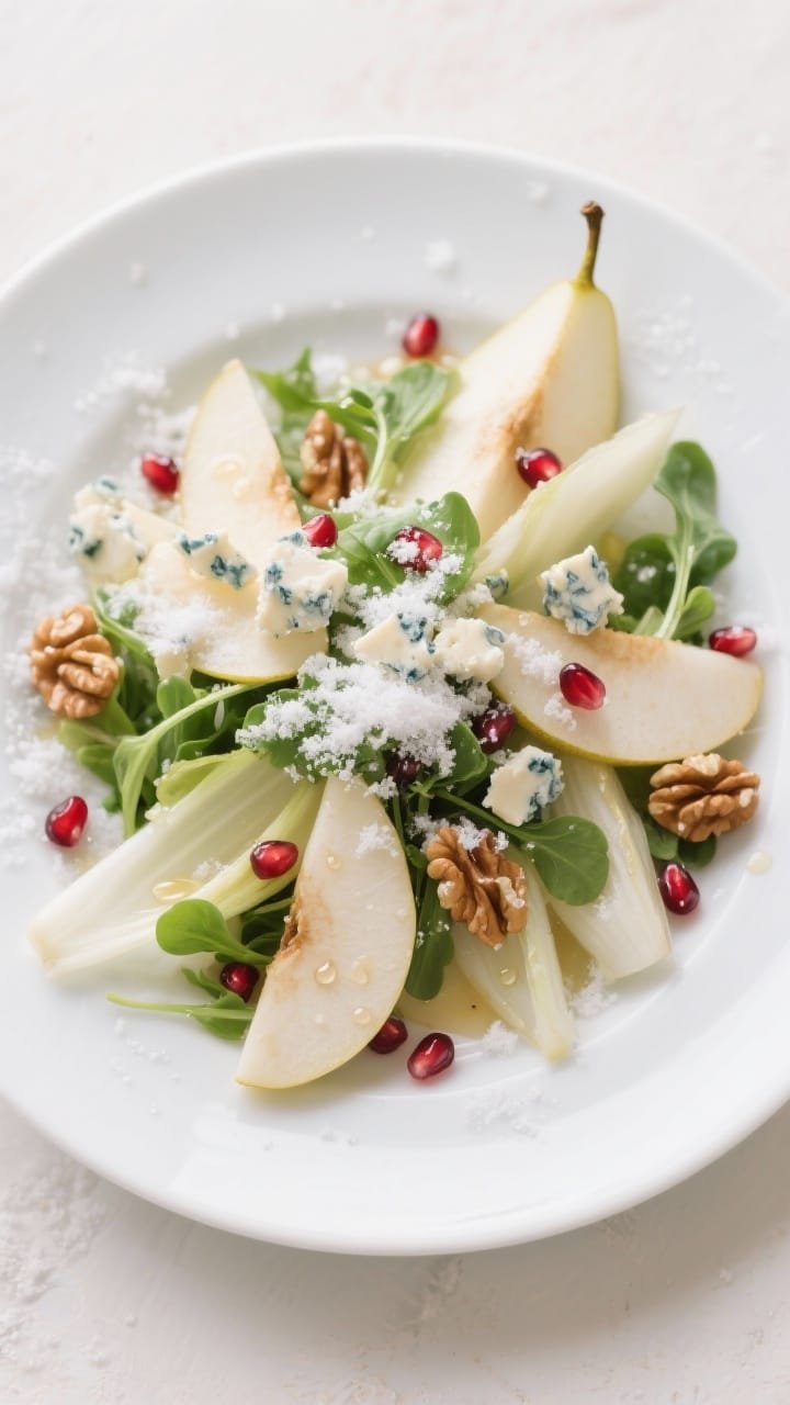 Elegant overhead plating of a shaved pear, endive, and watercress salad: crisp 1-inch pieces of Belgian endive, paper-thin pear slices fanned throughout, peppery watercress tufts, scattered pomegranate arils, and toasted walnut pieces. A snowfall of finely crumbled blue cheese “snow” across the top, with tiny droplets of dressing catching the light. Clean white plate, pale neutral background, refined holiday vibe.