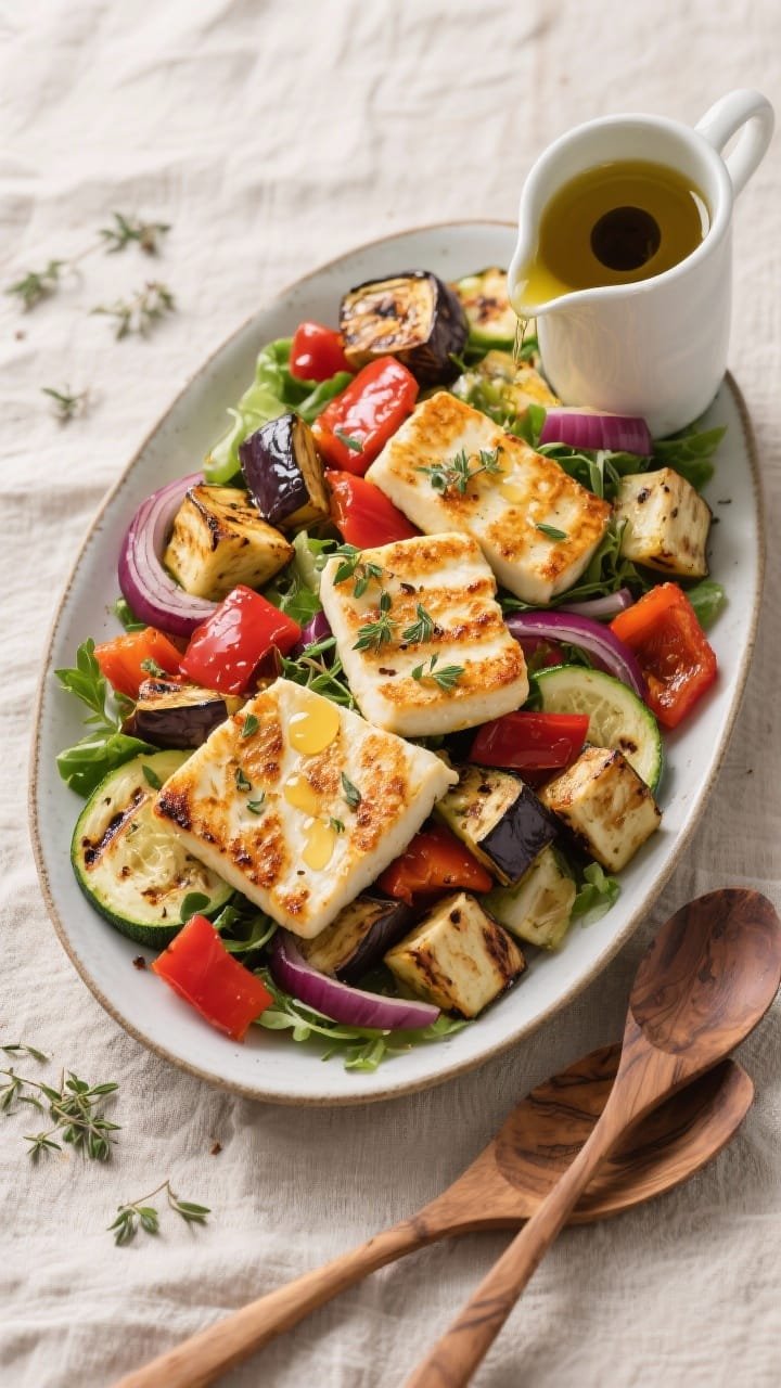 Overhead composed salad: A roasted veggie and halloumi power salad on a large oval platter—golden-seared halloumi slabs atop caramelized 1-inch eggplant cubes, red bell pepper pieces, red onion wedges with charred edges, and zucchini half-moons; flecks of dried oregano and a whisper of smoky seasoning; a small pitcher mid-pour of olive–sherry vinaigrette creating glistening droplets; sprinkled fresh herbs for lift; neutral linen, olive wood servers, balanced, vibrant, and hearty.