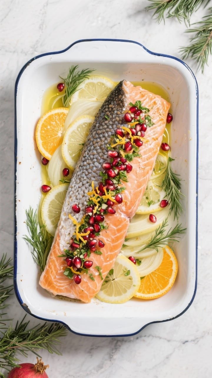 Overhead flat lay of a holiday salmon tray bake: a whole side of salmon, skin-on, layered over thin slices of fennel, lemon, and orange; delicate drizzle of olive oil catching the light; scattered dill and reserved fennel fronds for fresh green pops; finish with pomegranate gremolata spooned along the center—jewel-like arils, citrus zest, and chopped herbs; clean white enamel tray on a light stone surface for bright, festive contrast.