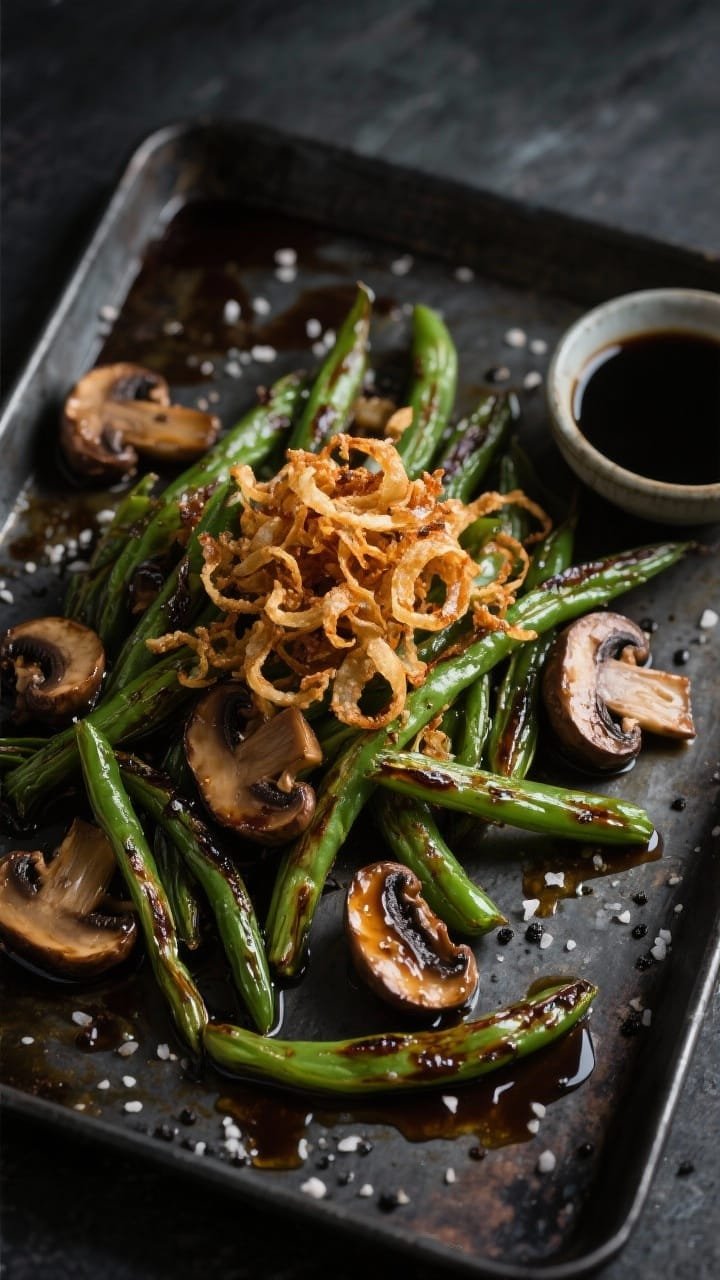 Overhead flat lay of balsamic-roasted green beans and cremini mushrooms on a dark metal sheet, glistening with olive oil and balsamic vinegar, seasoned with kosher salt and black pepper; topped with a mound of ultra-crispy fried shallots. The beans are vibrant and slightly blistered, mushrooms deeply browned and juicy; a small bowl of extra balsamic glaze nearby, moody lighting to accentuate sheen and texture.